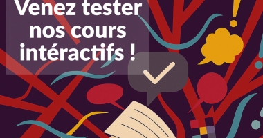 Visuel promotionnel de l’Alliance Française de Kunming montrant le message “Venez tester nos cours interactifs !” sur un fond illustré de lignes colorées, de bulles de dialogue et d’un livre ouvert, évoquant l’apprentissage dynamique et la participation active.