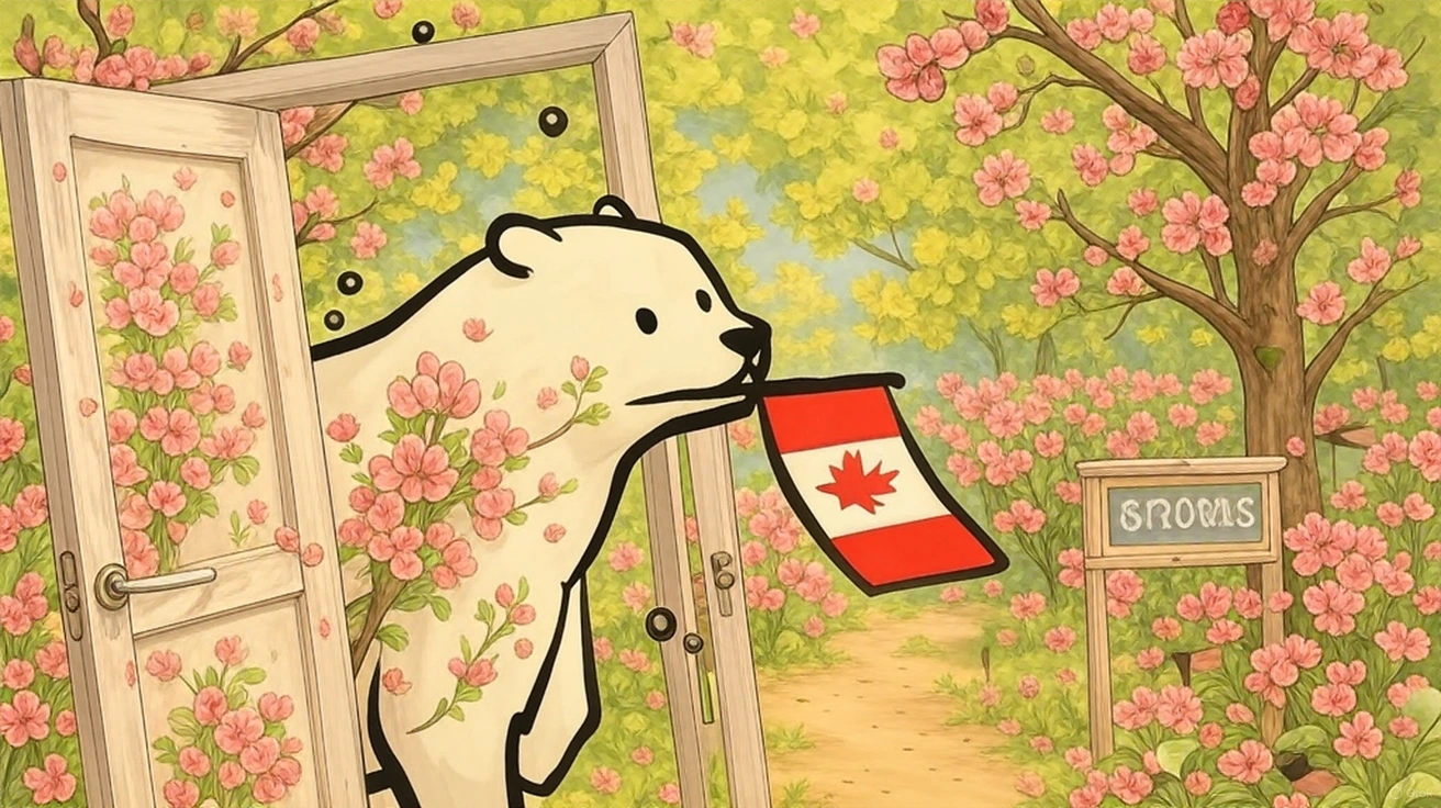 Un ours blanc dessiné dans un style cartoon — la mascotte du TCF Canada — franchit une porte ornée de motifs floraux, comme si elle s’ouvrait directement sur un jardin en pleine floraison. Il tient dans sa gueule un petit drapeau canadien décoré de la feuille d’érable rouge.  Autour de lui s’étend un sentier bordé de fleurs roses, avec des arbres couverts de pétales qui forment une voûte colorée au-dessus du chemin. Sur la droite, une petite pancarte en bois, entourée de fleurs, apporte une touche de charme rustique. L’atmosphère est douce, légère et printanière.  L’ensemble donne l’impression d’une scène poétique et accueillante, comme si la mascotte accueillait les futurs candidats dans un univers fleuri avant leur aventure canadienne.