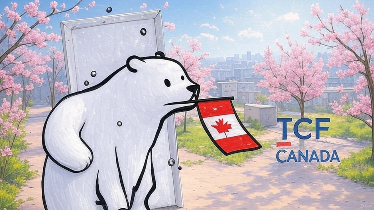 一只以卡通风格绘制的白熊——TCF Canada 的吉祥物——正从一扇敞开的门中走出，门外是一条两侧开满樱花的小路。它的嘴里叼着一面印有红色枫叶的小加拿大国旗。  画面的背景融合了自然与城市：粉色樱花树环绕着小径，而远处则可以看到整齐排列的城市建筑。晴朗的天空洒下柔和的光线，让整个场景带有浓浓的春日气息。  画面右侧呈现着 “TCF CANADA” 的标志，与背景自然融合。 整体画面给人一种温暖、焕新的感觉，仿佛这位吉祥物正在邀请未来的考生迈向人生的新阶段。