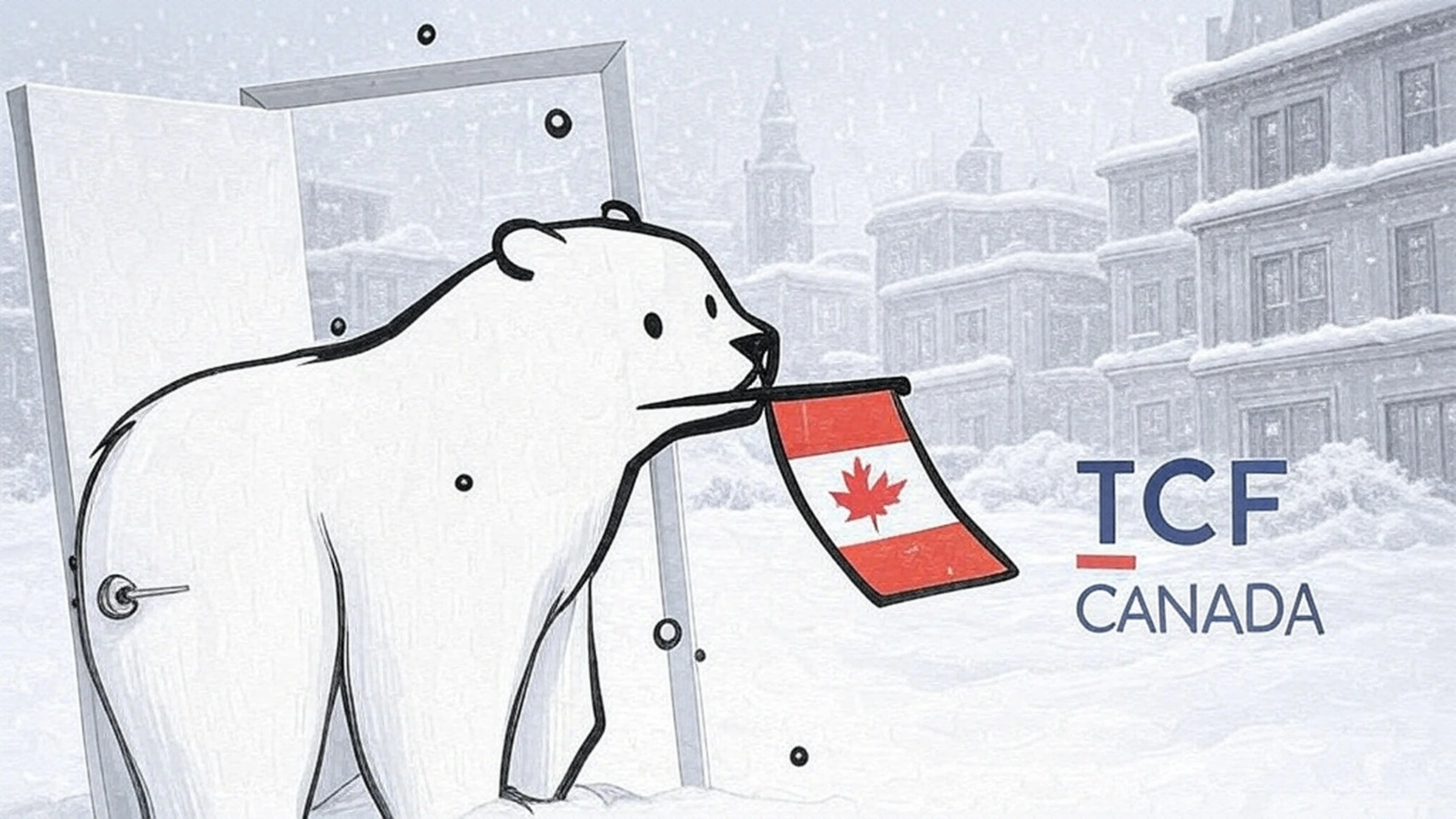 一只以卡通风格绘制的白熊——TCF Canada 的吉祥物——正从一扇敞开的门中走出。它的嘴里叼着一面印有红色枫叶的小加拿大国旗。画面背景是一座被大雪覆盖的城市，楼房的轮廓在纷飞的雪花中显得模糊而安静，屋顶和街道都积满了厚厚的白雪。  画面右侧出现 “TCF CANADA” 的标志，与整体的冰雪氛围形成呼应。 整个场景寒冷却不失温暖的趣味，仿佛这位吉祥物在告知观者：即使天气严寒，加拿大依然敞开大门，欢迎踏上新的旅程。