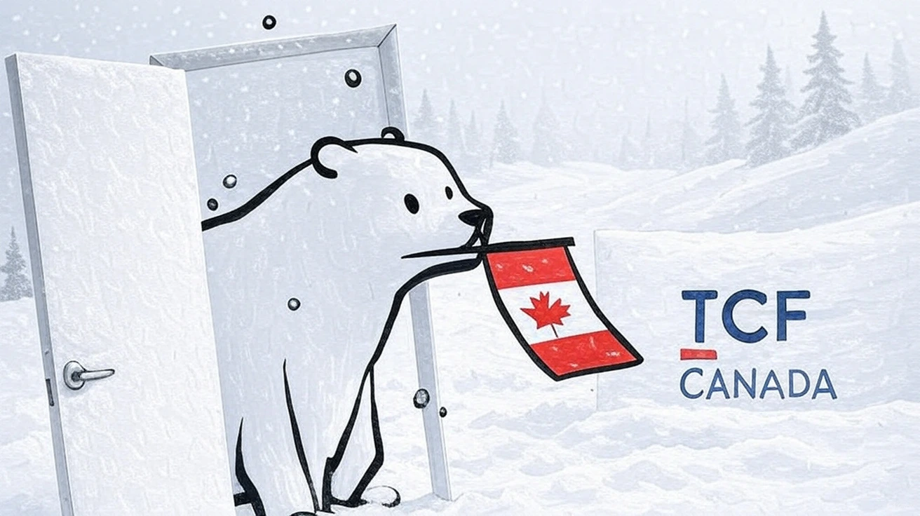 一只以卡通风格绘制的白熊——TCF Canada 的吉祥物——正从一扇敞开的门中走出，门外是一片辽阔的雪原。它的嘴里叼着一面印有红色枫叶的小加拿大国旗。  四周覆盖着厚厚的积雪，天空中缓缓飘落着雪花。远处的深色松树在冬日的雾气中若隐若现，增强了画面的寒意与宁静感。  画面右侧呈现着 “TCF CANADA” 的标志，与这片冰雪场景自然融合。 整体氛围安静而坚定，仿佛这位吉祥物在传达一个信息：即使在最严酷的环境中，加拿大的旅程依然在向勇敢前行的人敞开大门。