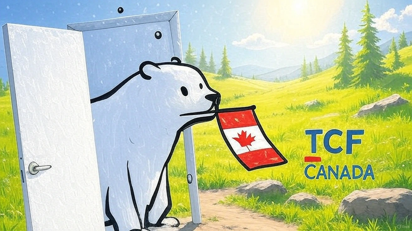 Un ours blanc dessiné dans un style cartoon — la mascotte du TCF Canada — sort d’une porte ouverte qui semble mener directement vers un paysage montagneux baigné de lumière. Il tient dans sa gueule un petit drapeau canadien décoré de la feuille d’érable rouge.  L’arrière-plan est composé de prairies verdoyantes, de sapins élancés et de collines baignées par le soleil. Les rochers disséminés sur le sol et l’éclat du ciel clair accentuent l’impression d’air pur et de nature ouverte.  À droite, le logo « TCF CANADA » apparaît, intégré de façon harmonieuse dans le décor. L’ensemble évoque l’immensité des paysages canadiens et donne à la scène une atmosphère d’aventure et de liberté, comme si la mascotte invitait les candidats à franchir une nouvelle étape dans un cadre grandiose.