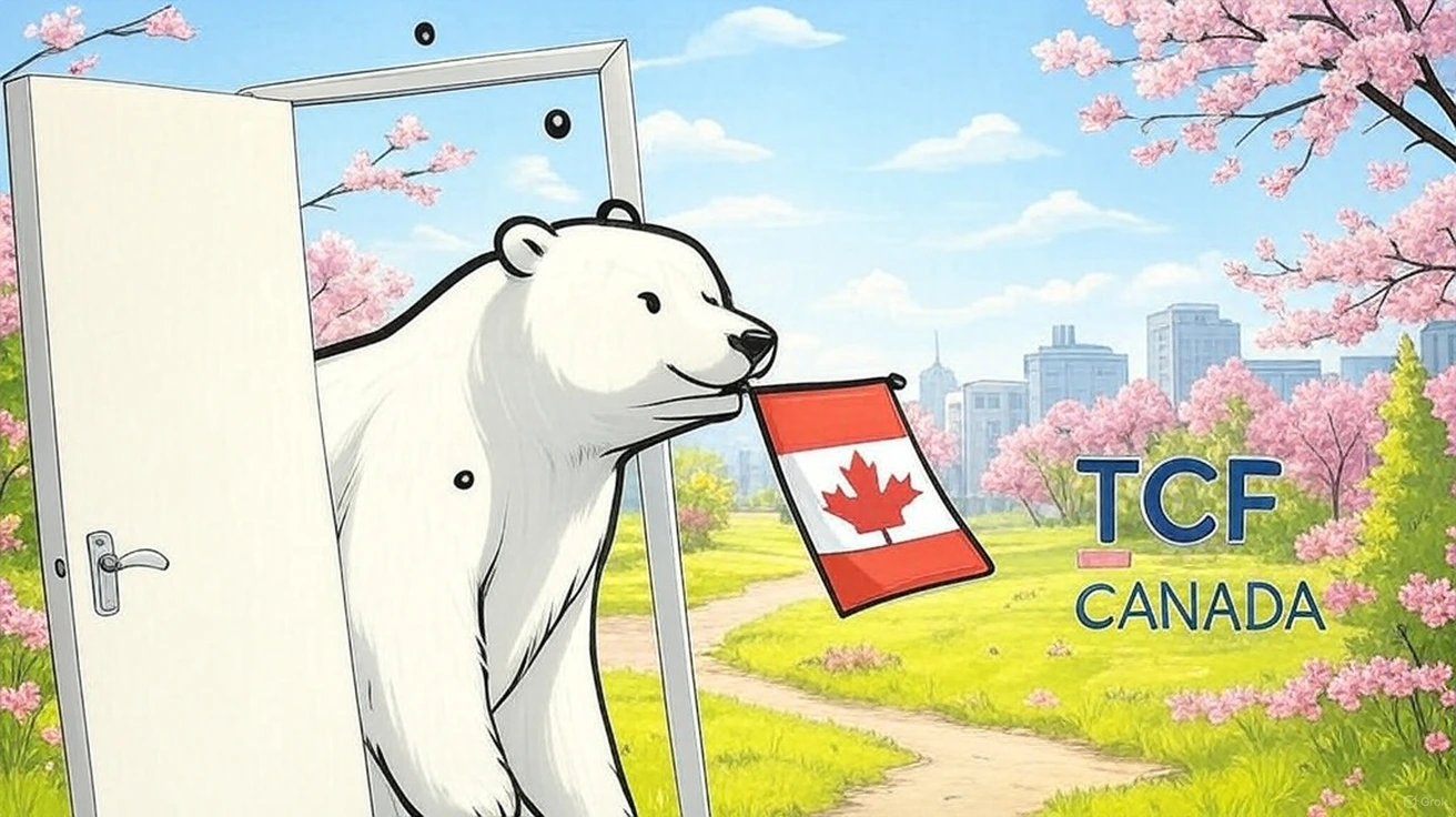 一只以卡通风格绘制的白熊——TCF Canada 的吉祥物——正从一扇敞开的门中走出，仿佛这扇门直接通向一座春意盎然的公园。它的嘴里叼着一面印有红色枫叶的小加拿大国旗。  周围是一片盛开的樱花树，粉色花朵沿着蜿蜒的小路一直延伸到远处的城市，高楼的轮廓在背景中若隐若现。晴朗的天空与柔和的光线让整个画面显得温暖而愉悦。  画面右侧呈现着 “TCF CANADA” 的标志，与背景自然融合。 整体氛围轻松而富有象征意味，仿佛这位吉祥物正邀请未来的考生，跨过这扇门，迈向新的旅程。