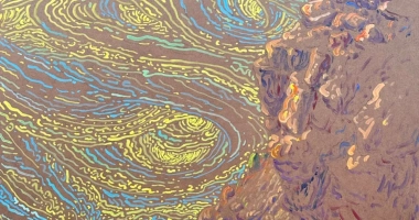 熊畅展览海报：抽象画面由黄色、蓝色和绿色的旋涡线条在棕色背景上交织而成，右侧是一块色彩丰富的岩石形态，整体呈现自然流动与质感的意象。