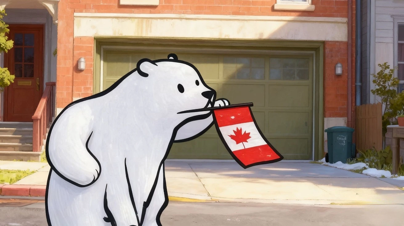 一只以卡通风格绘制的白熊——TCF Canada 的吉祥物——站在一栋红砖房前。它的爪子里握着一面饰有红色枫叶的小型加拿大国旗。画面背景是浅绿色的车库门，光线柔和，入口旁摆放着几株植物。整体氛围温暖而略带趣味，仿佛是一幅用于欢迎或引导 TCF Canada 考生的插画。