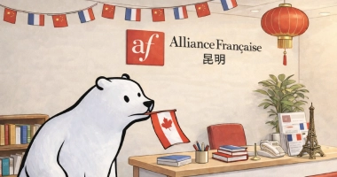 Illustration numérique en style semi-dessiné représentant un ours polaire anthropomorphe tenant un petit drapeau canadien dans sa gueule, debout dans un bureau de l’Alliance Française de Kunming. Le décor mêle éléments français et chinois : guirlande de fanions franco-chinois, lanterne rouge suspendue, logo “af” sur le mur avec les caractères “昆明”, mobilier de bureau en bois clair avec brochures, livres, téléphone fixe, pot à crayons et une grande maquette détaillée de la tour Eiffel sur la droite. L’ambiance est chaleureuse et professionnelle.