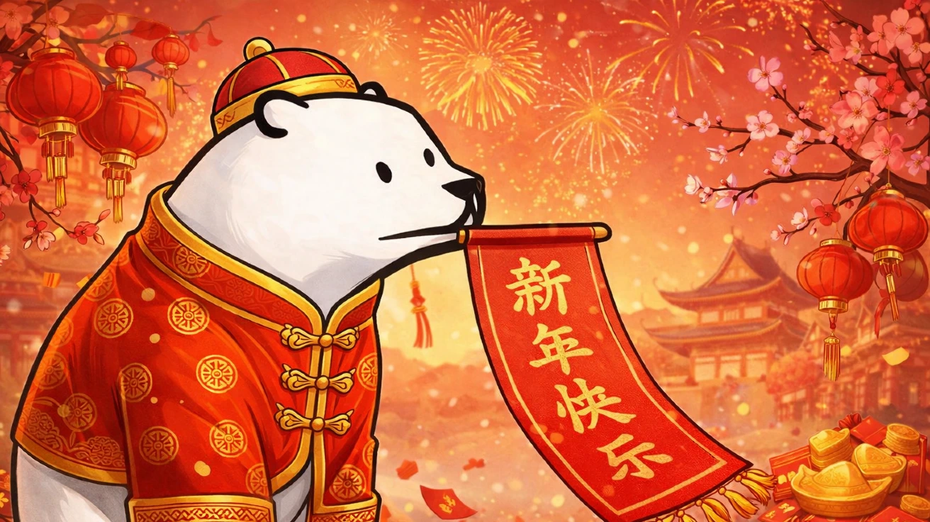 穿着红色中国传统服饰的北极熊，嘴里叼着写有“新年快乐”的横幅，背景是红灯笼和烟花。