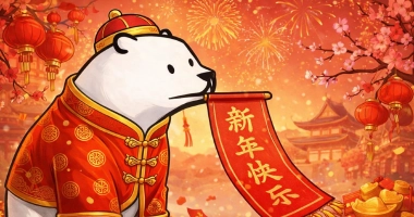 Ours polaire en tenue rouge traditionnelle chinoise tenant une bannière « 新年快乐 », avec lanternes et feux d’artifice en arrière-plan.