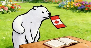 Ours blanc illustré tenant un petit drapeau canadien dans la gueule, debout près d’une table avec un livre ouvert, dans un jardin fleuri.
