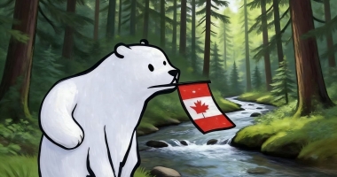 Ours blanc illustré tenant un petit drapeau canadien dans la gueule, debout au bord d’un ruisseau au milieu d’une forêt de conifères.