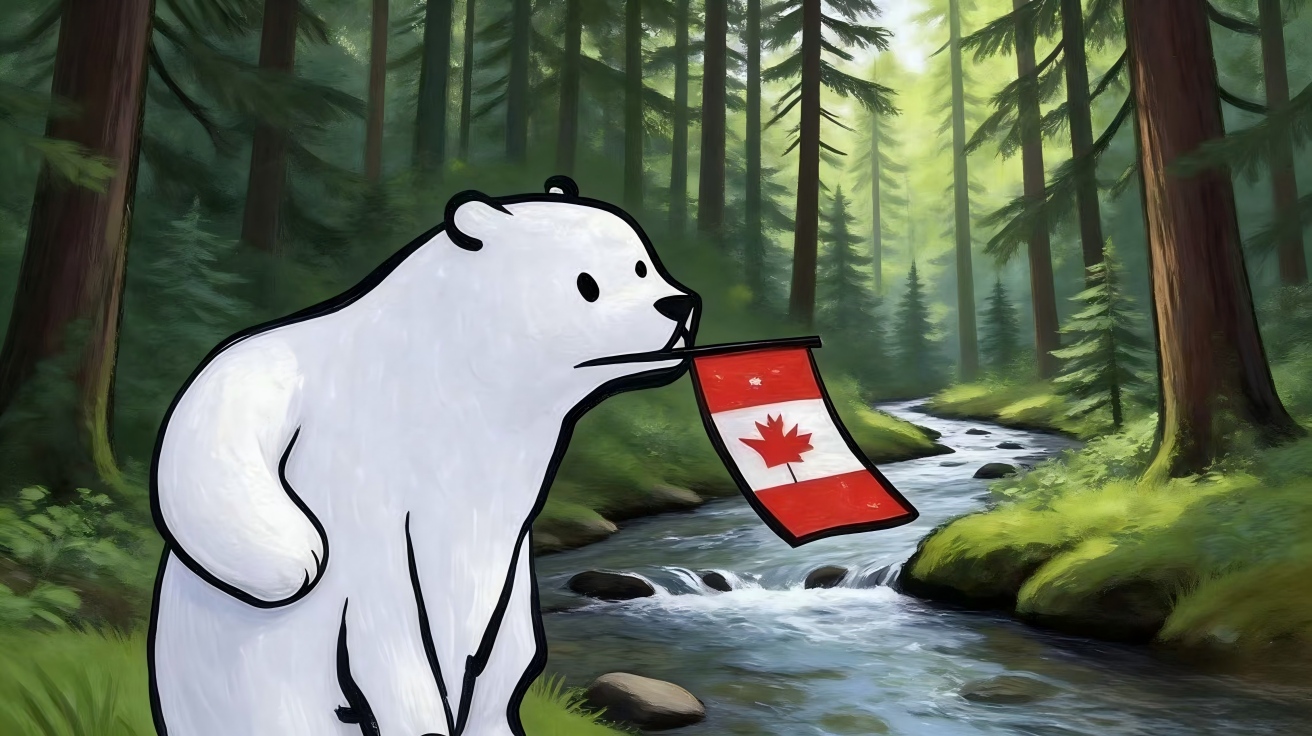 白色卡通北极熊嘴里叼着一面加拿大小旗，站在一片针叶林中的小溪旁。