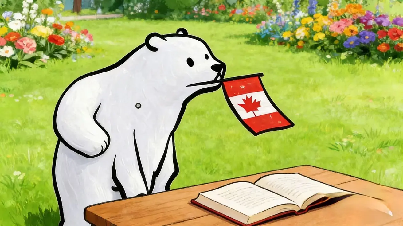 白色卡通北极熊嘴里叼着一面加拿大小旗，站在一张放着打开书本的桌子旁，背景是开满鲜花的花园。