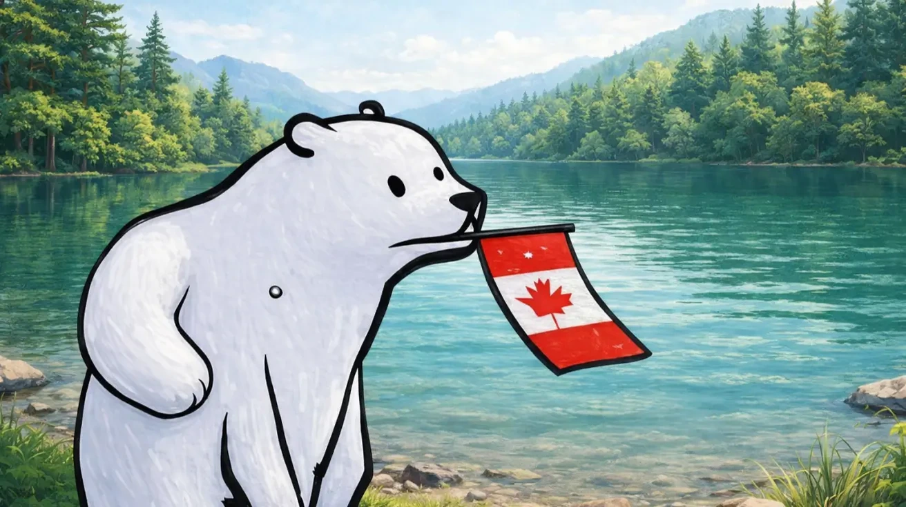 Illustration d’un ours blanc de style dessin animé, debout au bord d’un lac turquoise entouré de montagnes et de pins, tenant dans la gueule un petit drapeau du Canada.