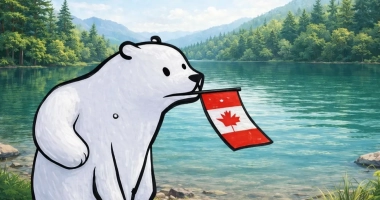 Illustration d’un ours blanc de style dessin animé, debout au bord d’un lac turquoise entouré de montagnes et de pins, tenant dans la gueule un petit drapeau du Canada.