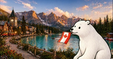 Un ours blanc illustré tient un petit drapeau canadien dans sa bouche, devant un village au bord d’un lac, avec des montagnes enneigées, une forêt, une tour d’horloge et un coucher de soleil en arrière-plan.