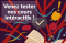 Illustration colorée avec bulles de dialogue et livre ouvert, accompagnée du texte « Venez tester nos cours interactifs ! ».